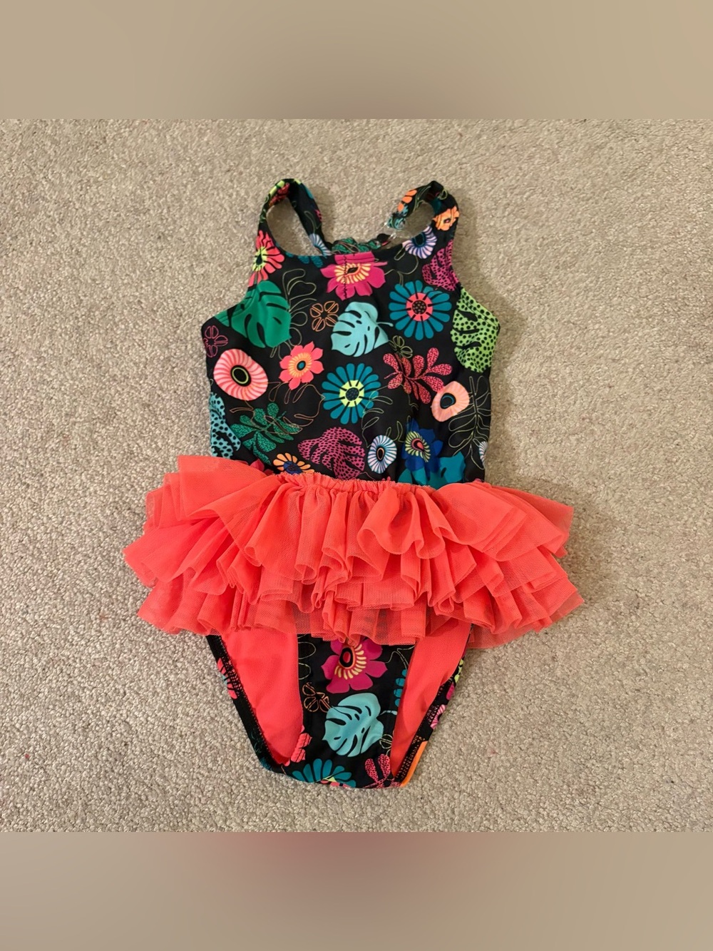 Cat & Jack Black Floral One-Piece Swim with Coral Tulle Skirt size 5T